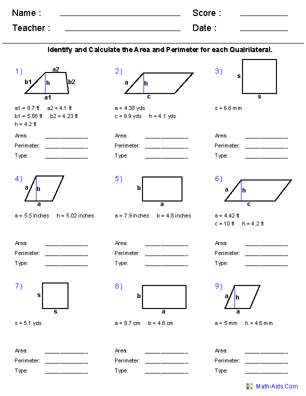 5th grade math area and perimeter worksheets